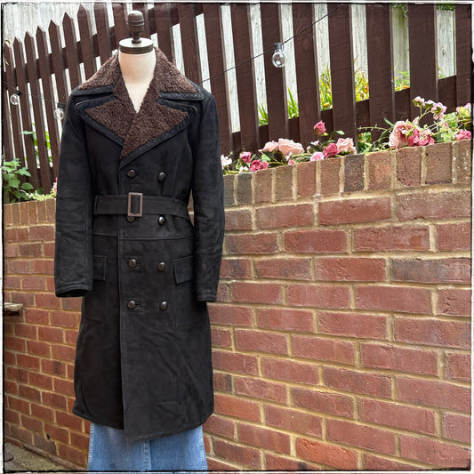 Vintage 70s Black Belted Sheepskin Coat