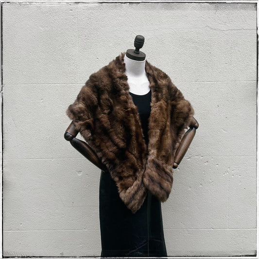 Vintage Large Brown Embroidered Real Fur Stole