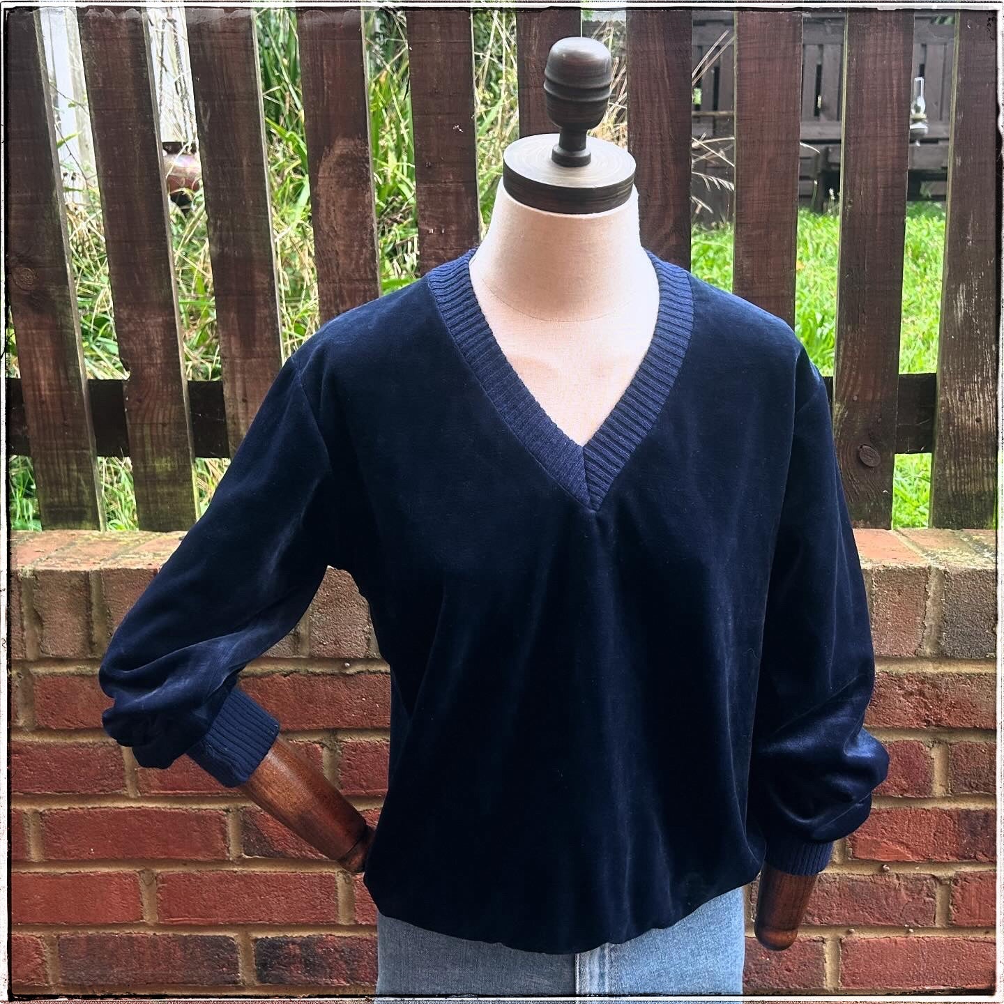 Vintage 80s Navy Velour V Neck Sweatshirt