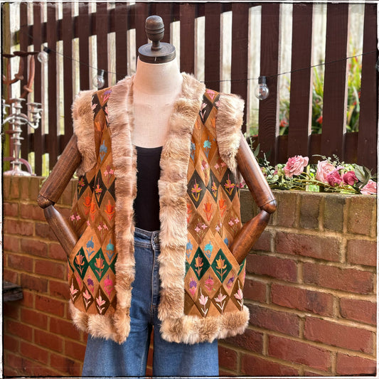 Vintage 70s Suede Embroidered Fur Trim Gilet Waistcoat