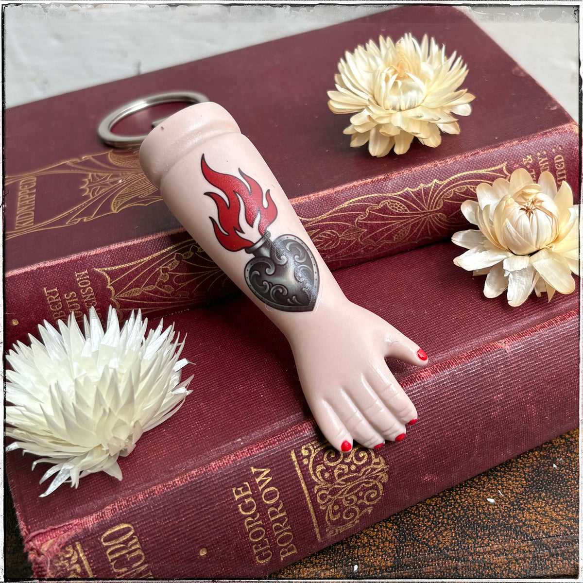 Porcelain Doll Arm Key Ring - Flaming Heart