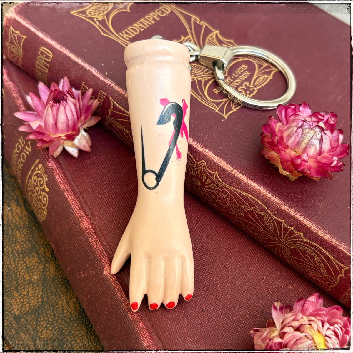 Porcelain Doll Arm Key Ring - Pink Safety Pin