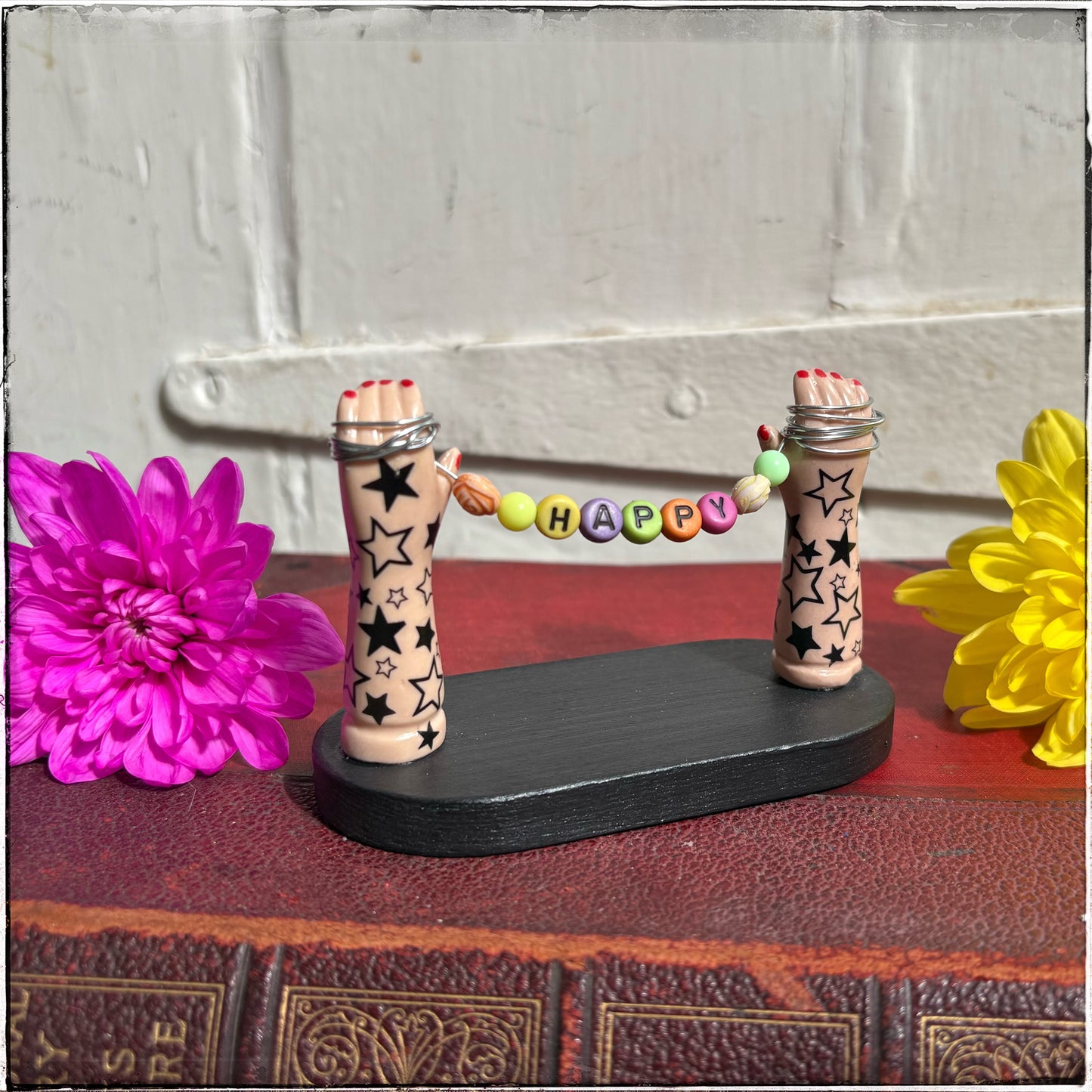 Small Recycled Porcelain Doll Arm Sign Holder - Happy