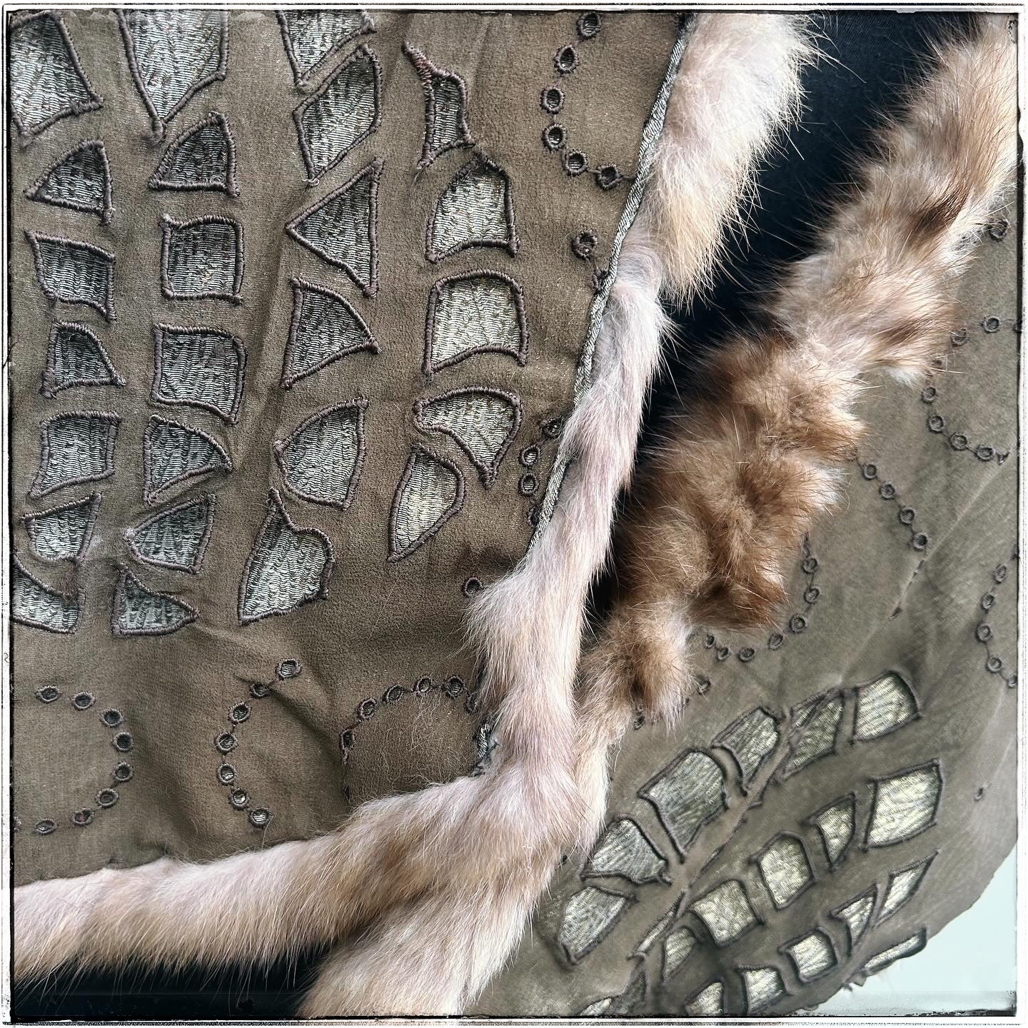 Vintage Large Brown Embroidered Real Fur Stole