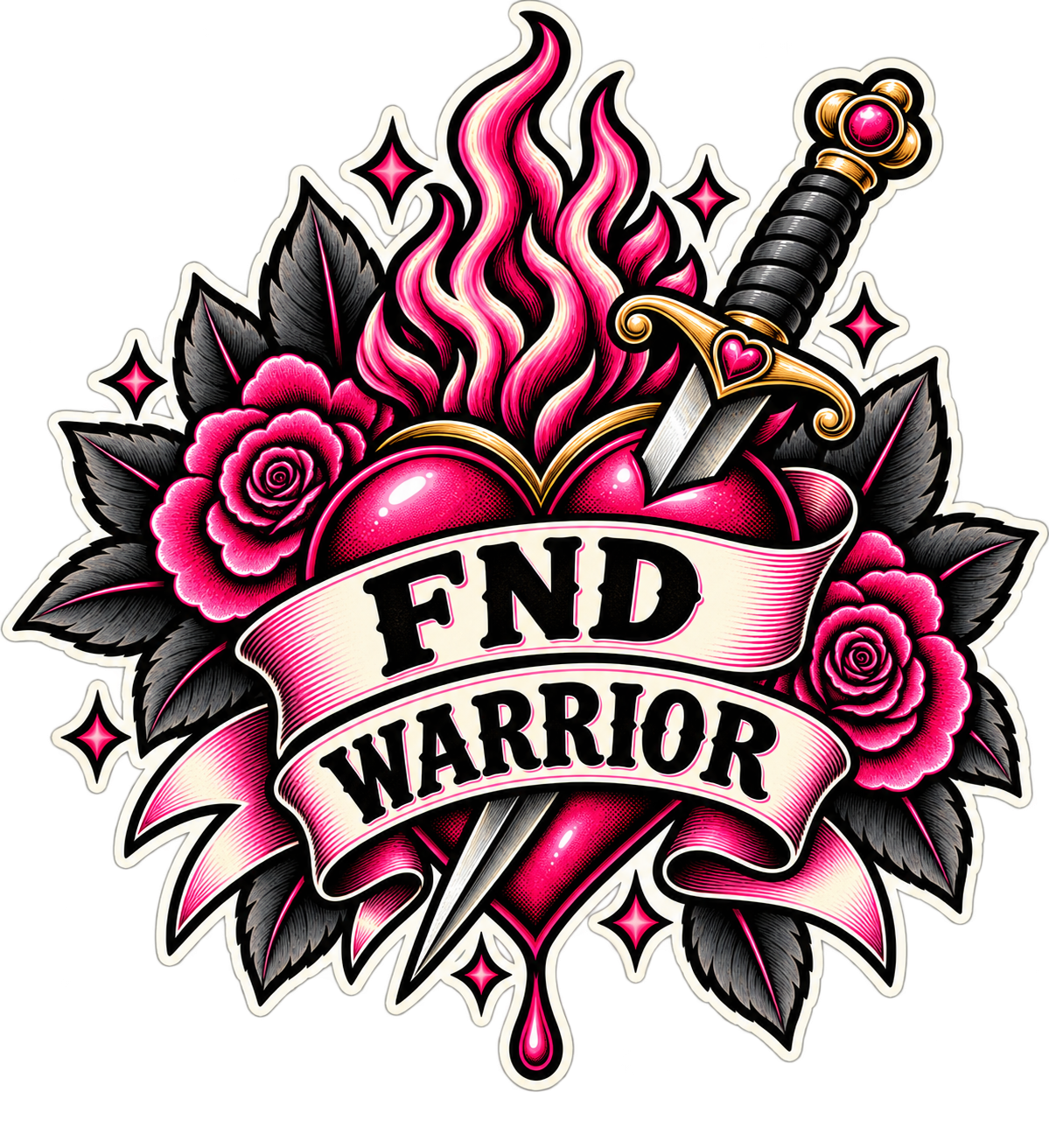 A traditional tattoo-style graphic sticker featuring a dripping pink heart pierced by a sword with a heart-shaped guard, surrounded by pink roses, black leaves, and pink flames, with a banner reading 'FND WARRIOR' on a white background.