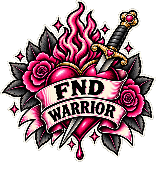 A traditional tattoo-style graphic sticker featuring a dripping pink heart pierced by a sword with a heart-shaped guard, surrounded by pink roses, black leaves, and pink flames, with a banner reading 'FND WARRIOR' on a white background.