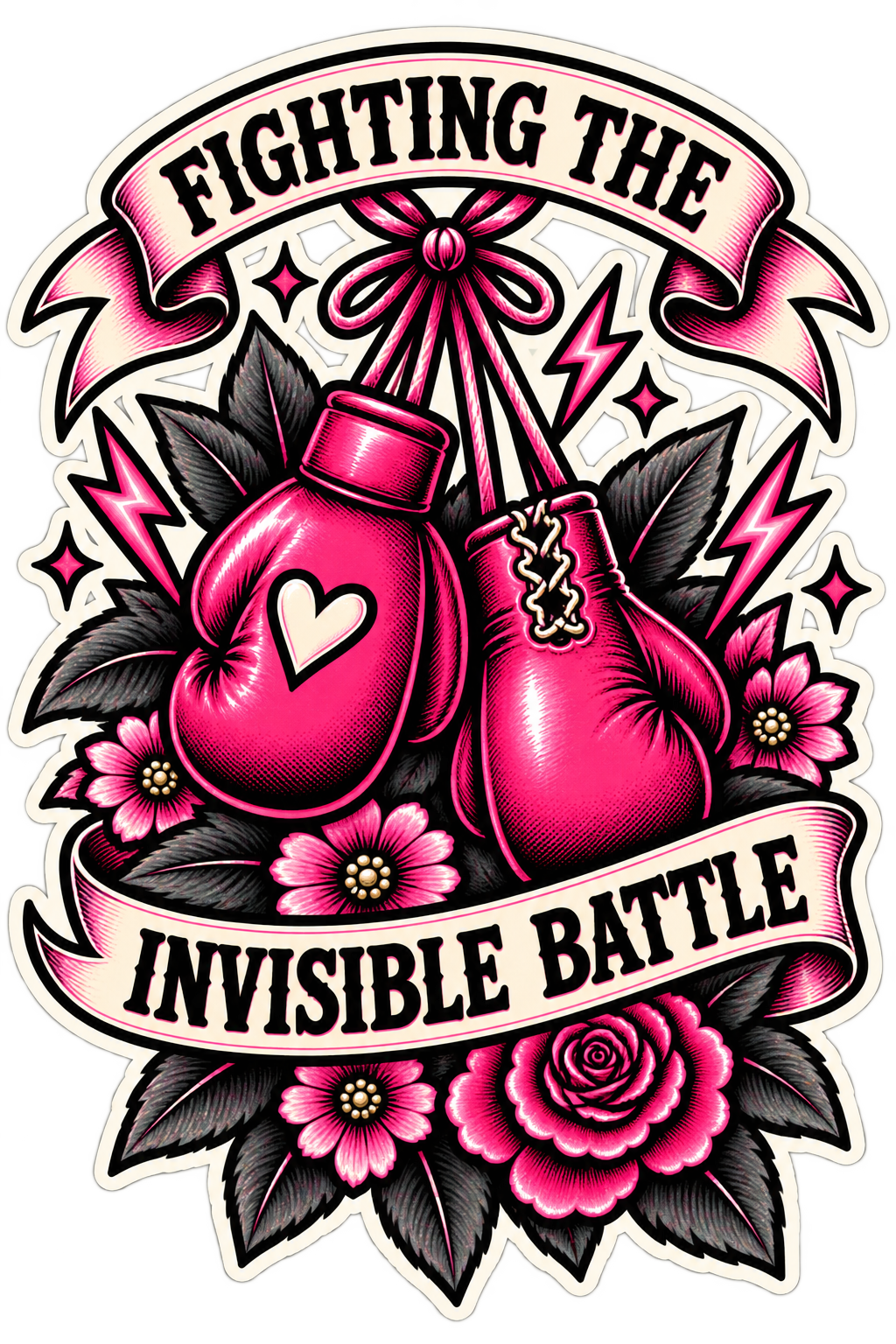 A die-cut sticker featuring a traditional tattoo-style design with two pink boxing gloves, roses, leaves, lightning bolts, and banners reading “FIGHTING THE” and “INVISIBLE BATTLE.”.