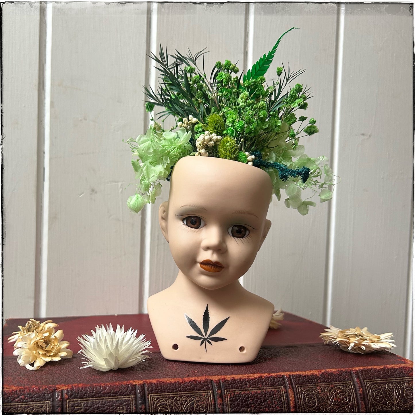 Vintage recycled porcelain doll head -Flower