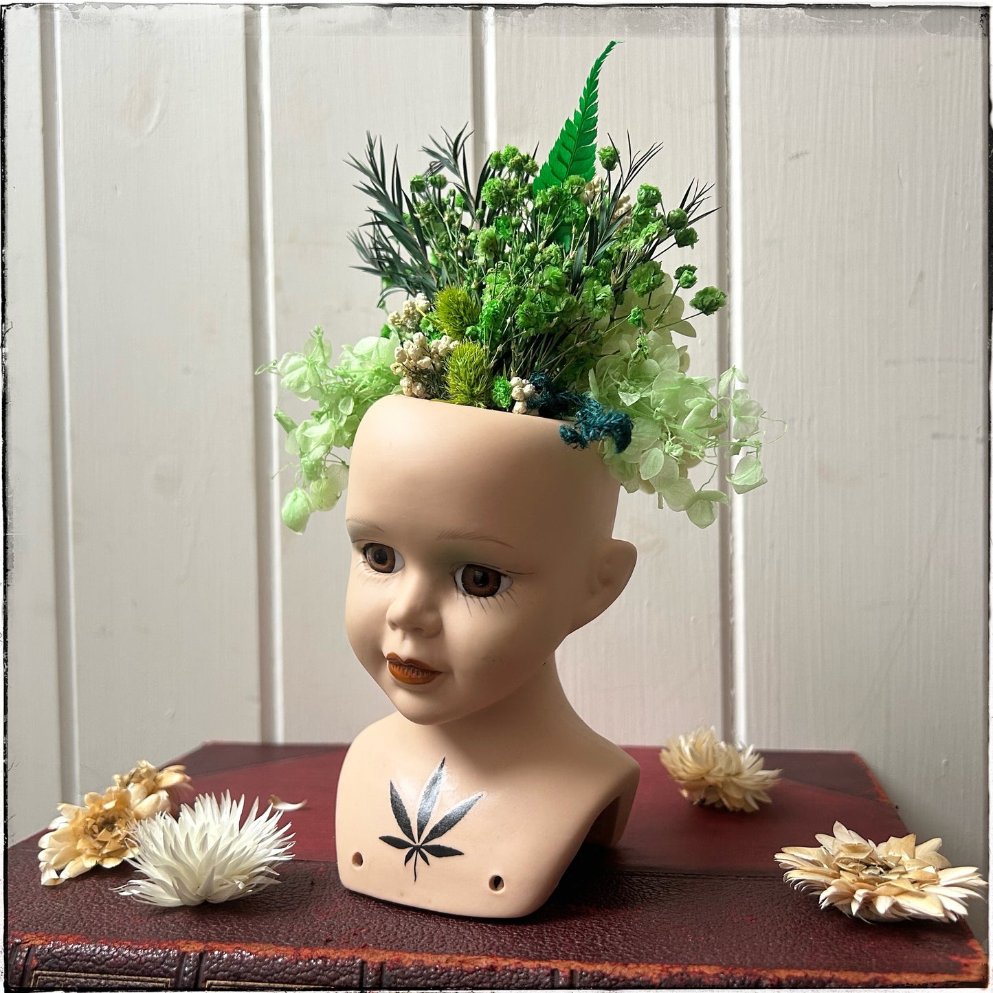 Vintage recycled porcelain doll head -Flower