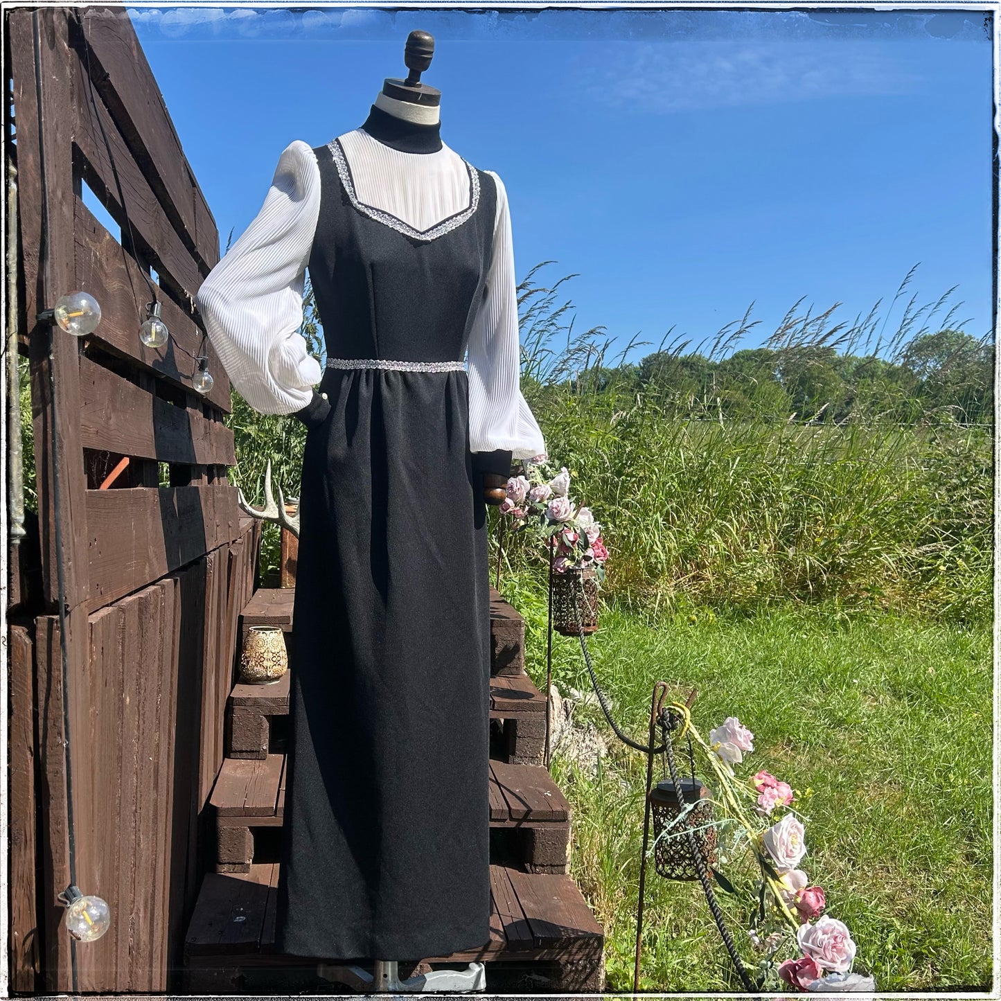 Vintage 70s Black Prairie Maxi Dress