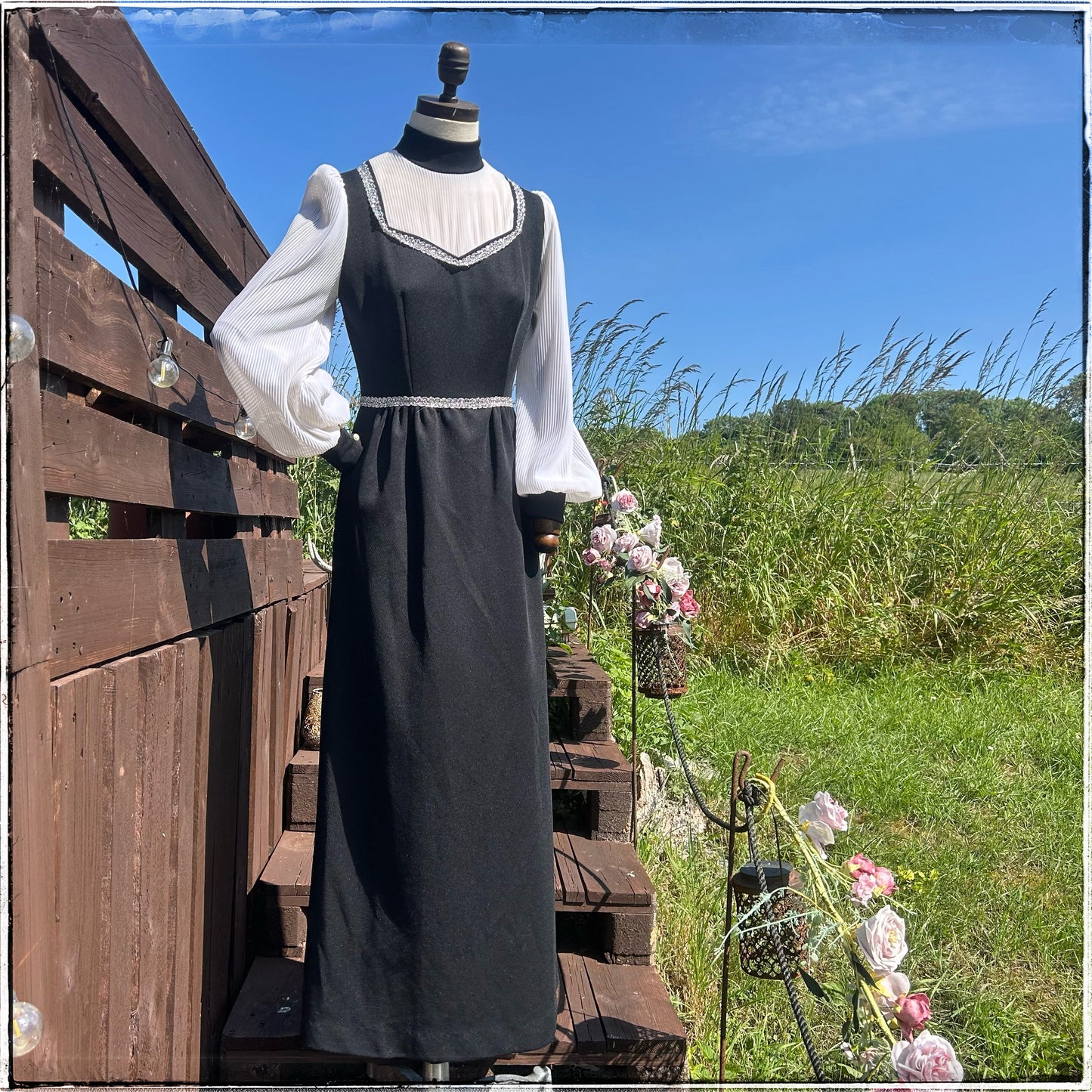 Vintage 70s Black Prairie Maxi Dress