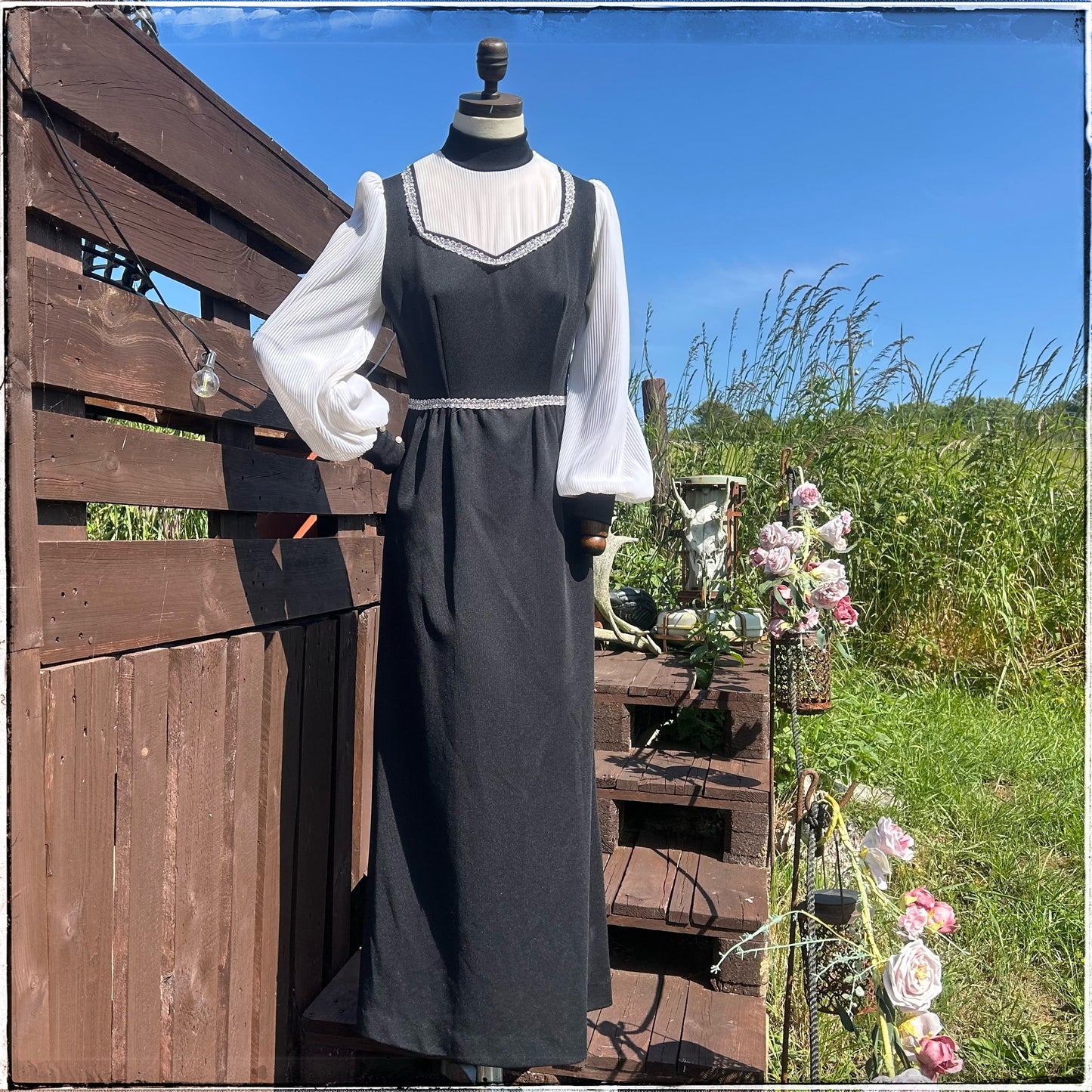 Vintage 70s Black Prairie Maxi Dress