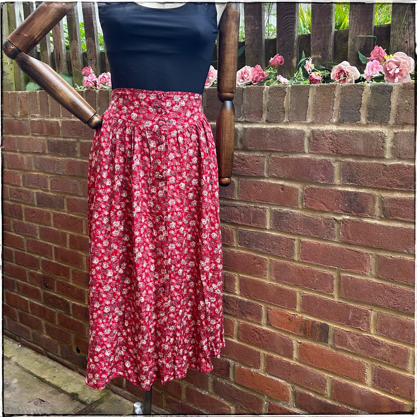 Vintage St Michael Rose Print Midi Skirt