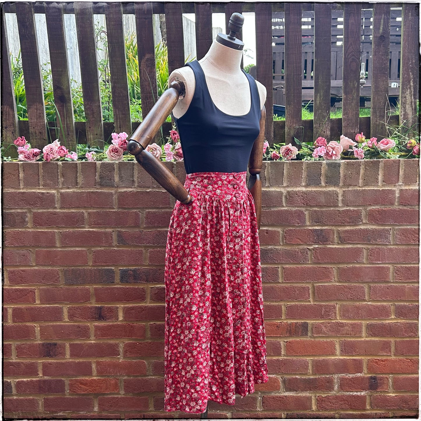 Vintage St Michael Rose Print Midi Skirt