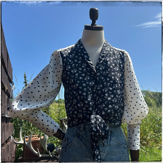 Vintage Topshop Black & White Floral Tie Waist Blouse