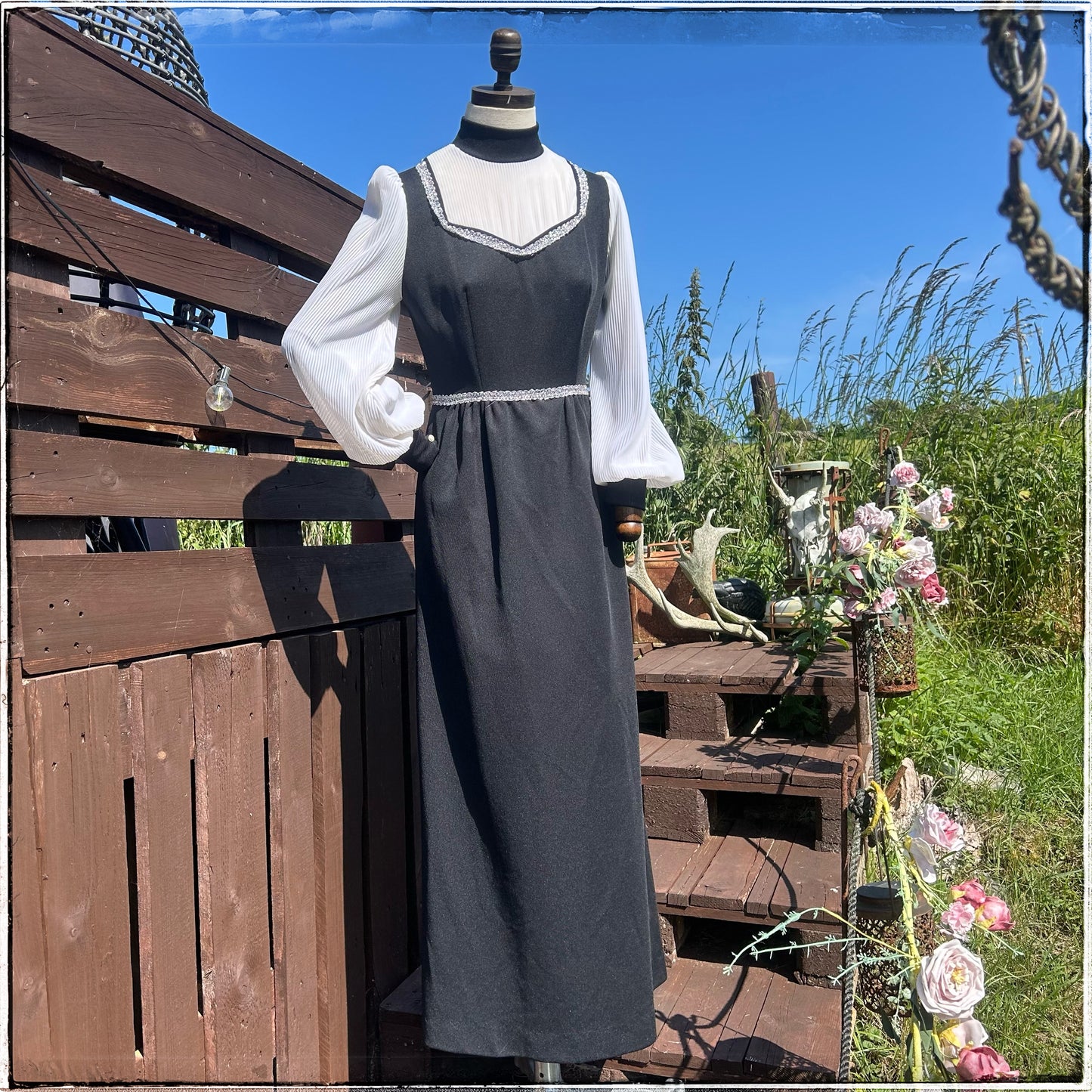 Vintage 70s Black Prairie Maxi Dress