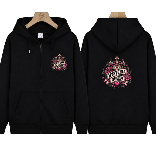 Black zip-up hoodie shown from the front and back on wooden hangers. The front has a small matching graphic on the left chest, and the back has a larger matching graphic with a crown, roses, and the words 'Hysteria Queen' in pink, red, and beige tones.