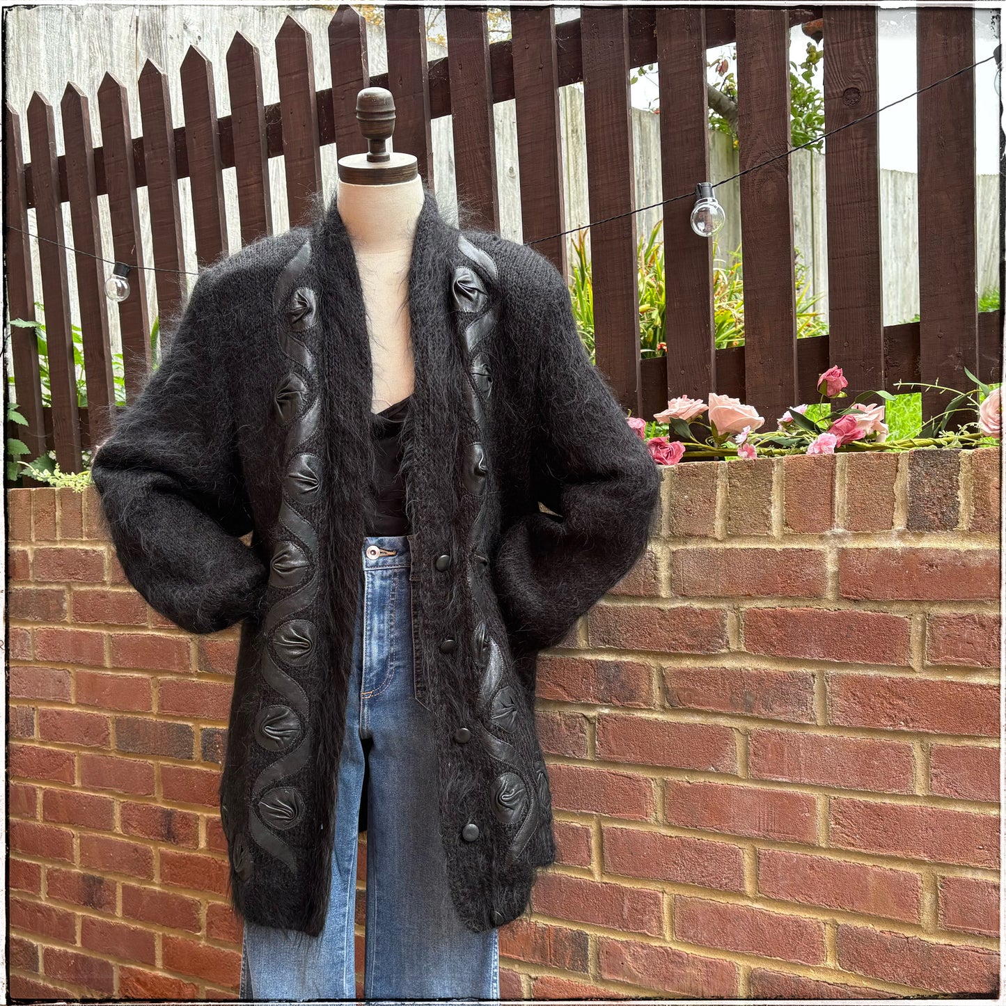 Vintage 80s Black Mohair Cardigan With Leather Appliqué