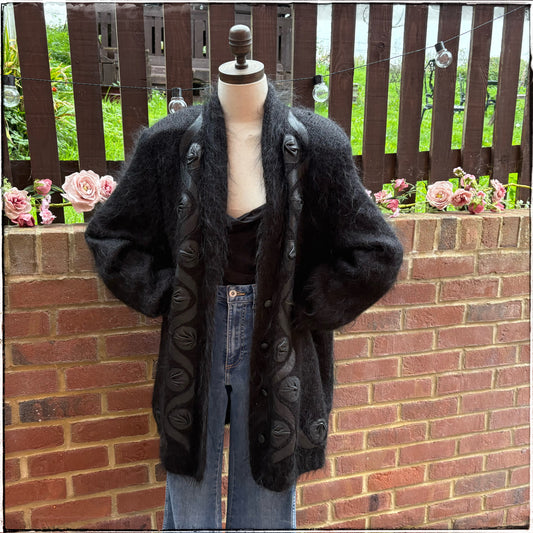 Vintage 80s Black Mohair Cardigan With Leather Appliqué