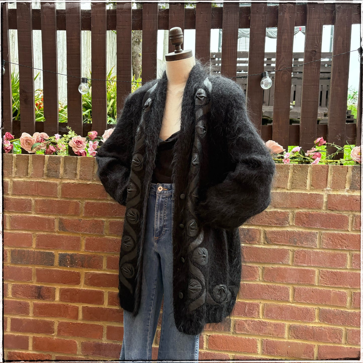Vintage 80s Black Mohair Cardigan With Leather Appliqué