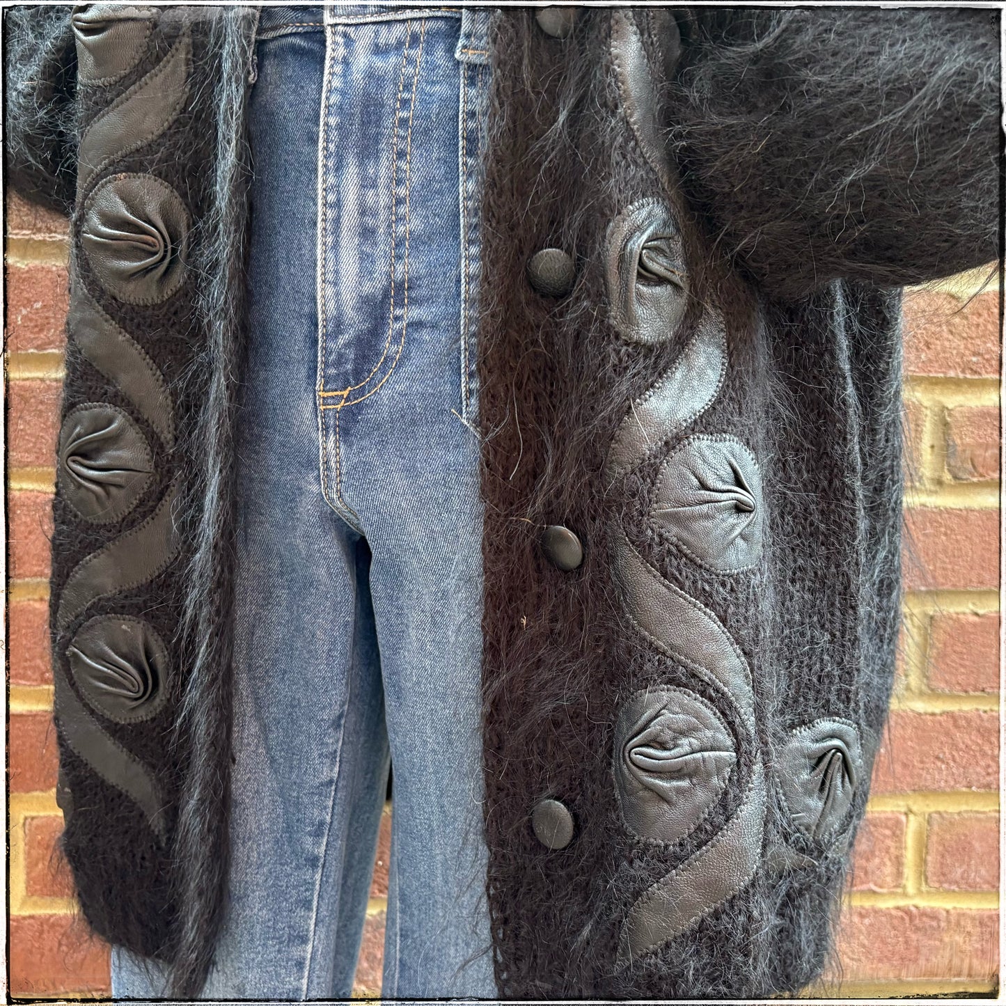Vintage 80s Black Mohair Cardigan With Leather Appliqué