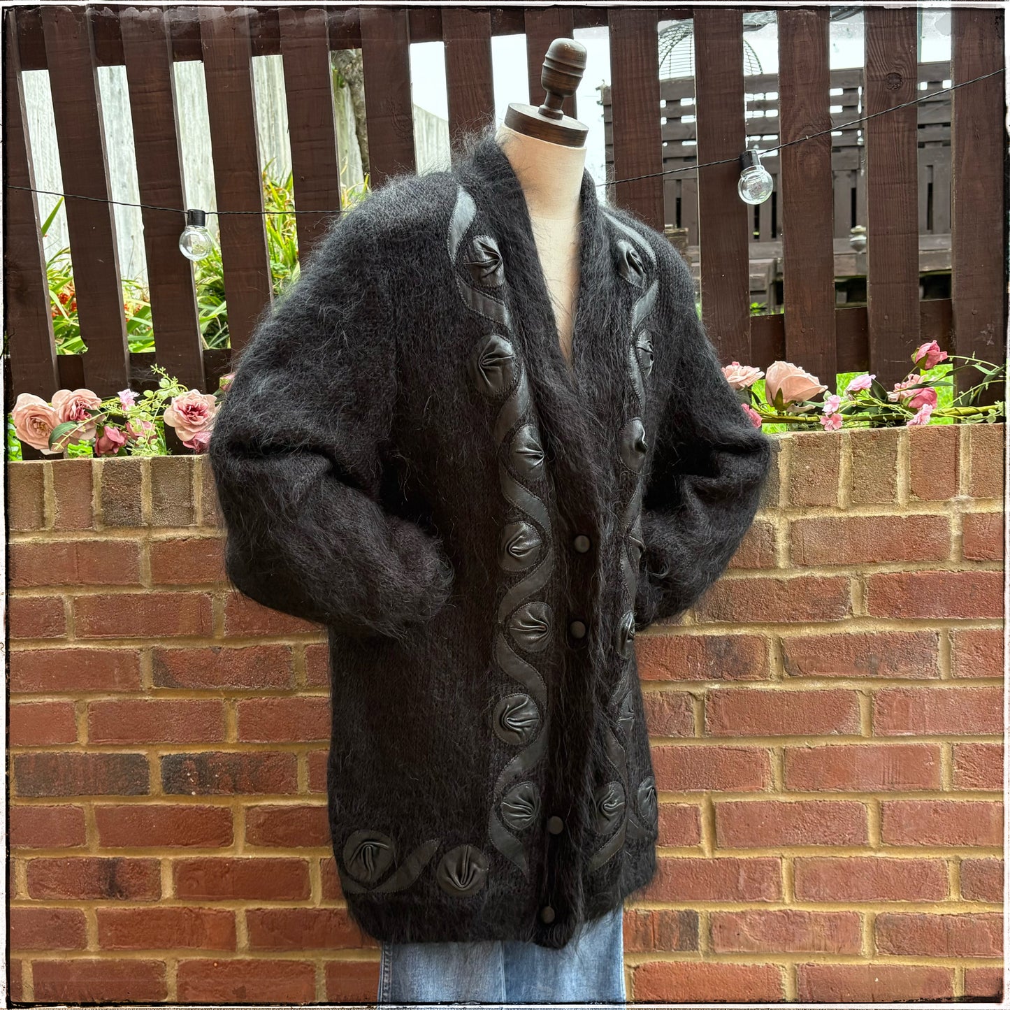 Vintage 80s Black Mohair Cardigan With Leather Appliqué