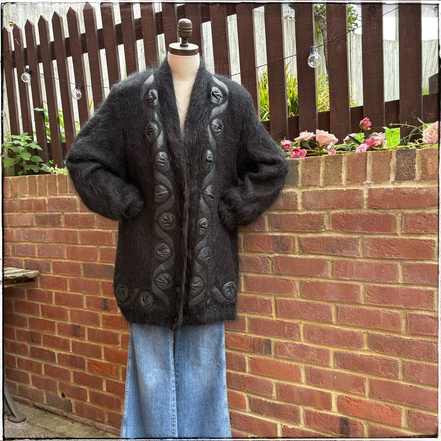 Vintage 80s Black Mohair Cardigan With Leather Appliqué