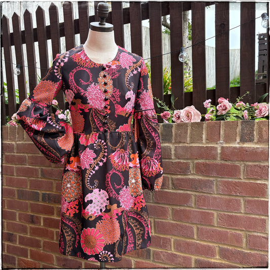 Vintage 60s Psychedelic Trumpet Sleeve Mini Dress