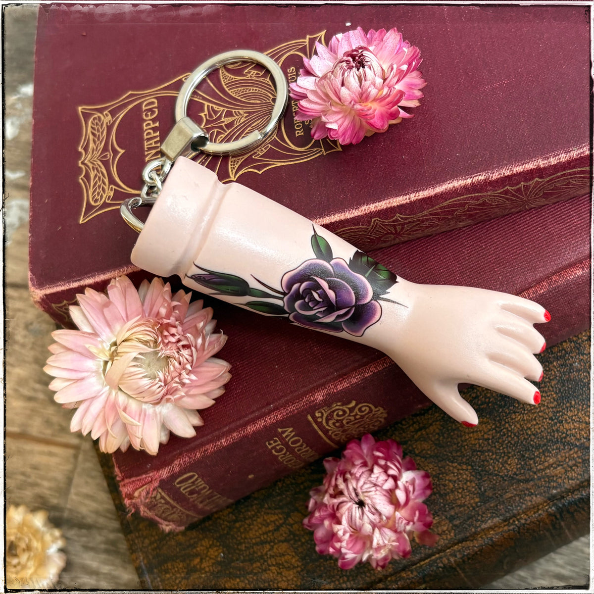 Large Porcelain Doll Arm Key Ring - Purple Rose