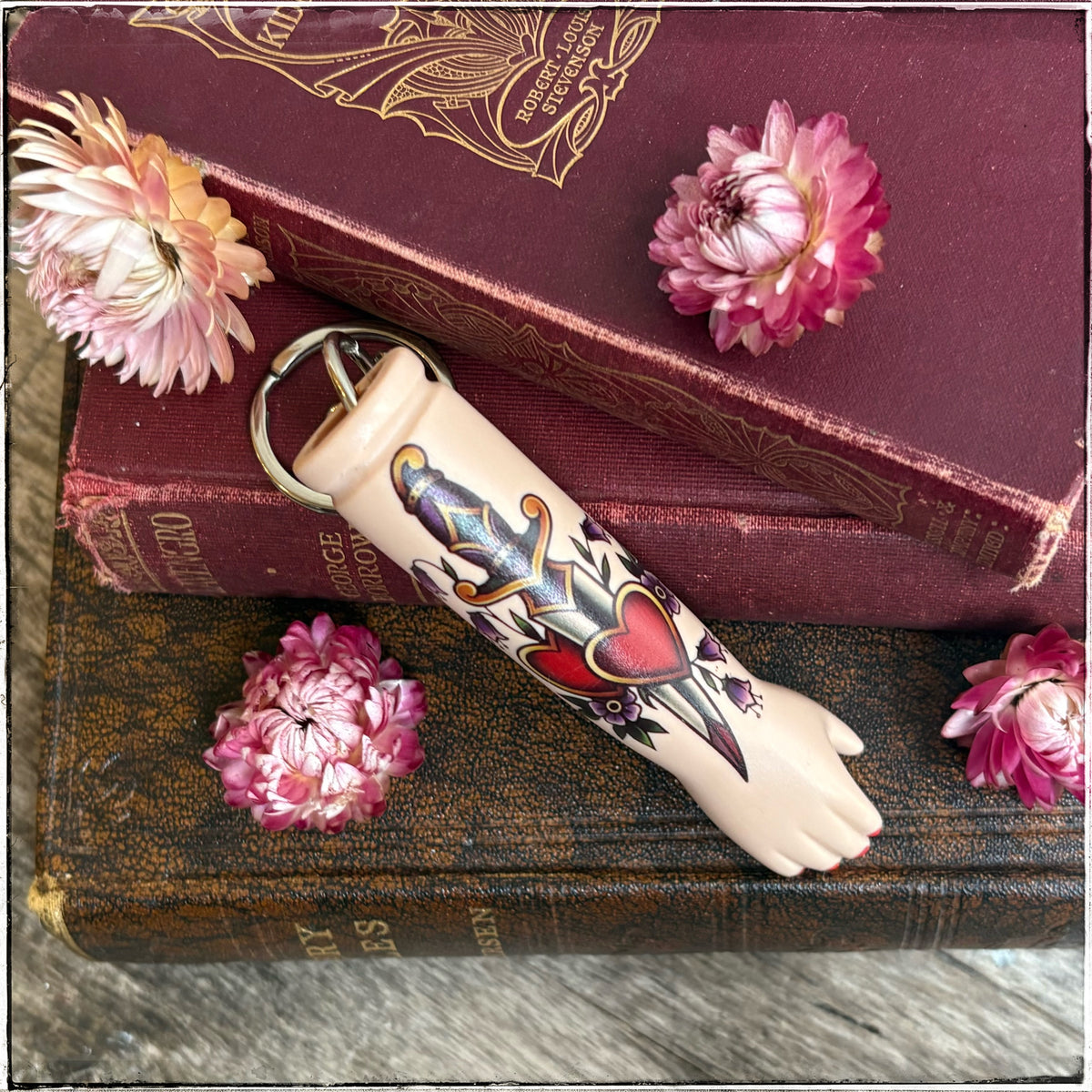 Large Porcelain Doll Arm Key Ring - Hearts & Dagger