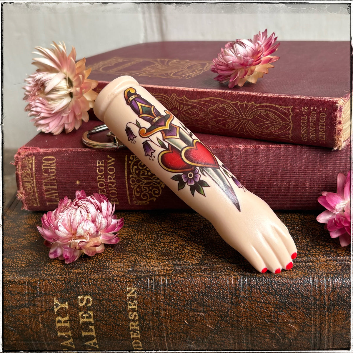 Large Porcelain Doll Arm Key Ring - Hearts & Dagger