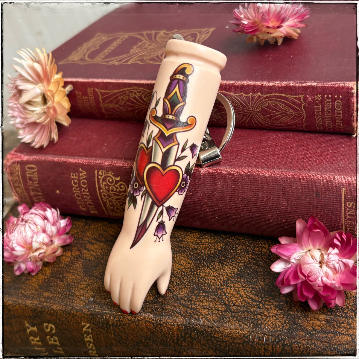 Large Porcelain Doll Arm Key Ring - Hearts & Dagger