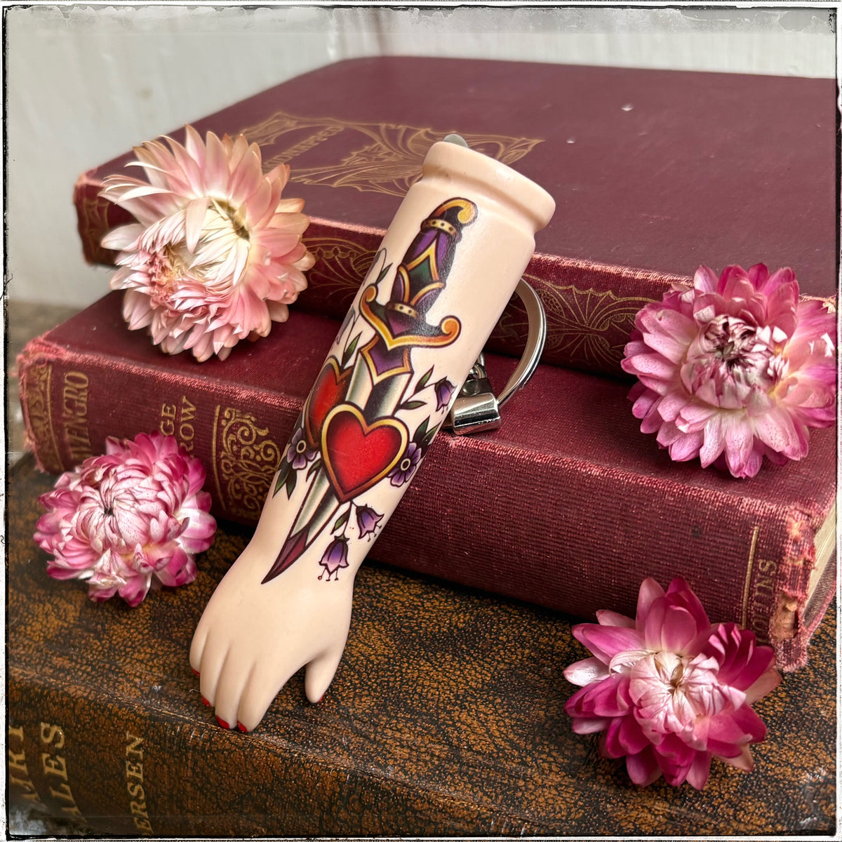 Large Porcelain Doll Arm Key Ring - Hearts & Dagger