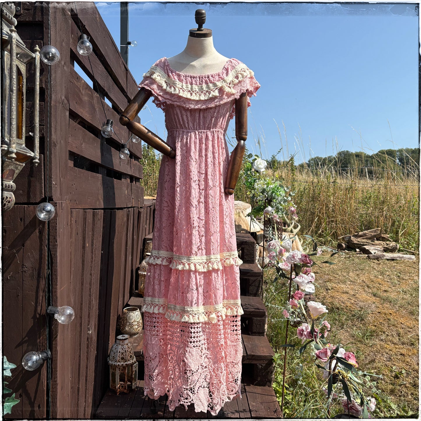 Vintage 70s Pink Ruffle Tassel Maxi Dress
