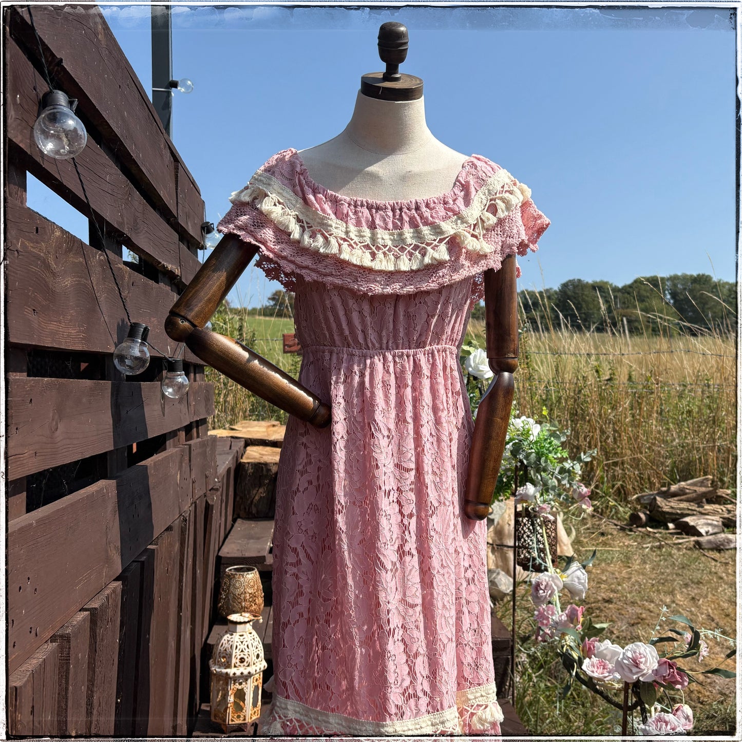 Vintage 70s Pink Ruffle Tassel Maxi Dress