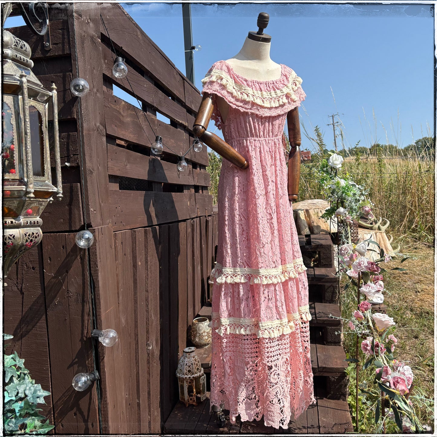 Vintage 70s Pink Ruffle Tassel Maxi Dress