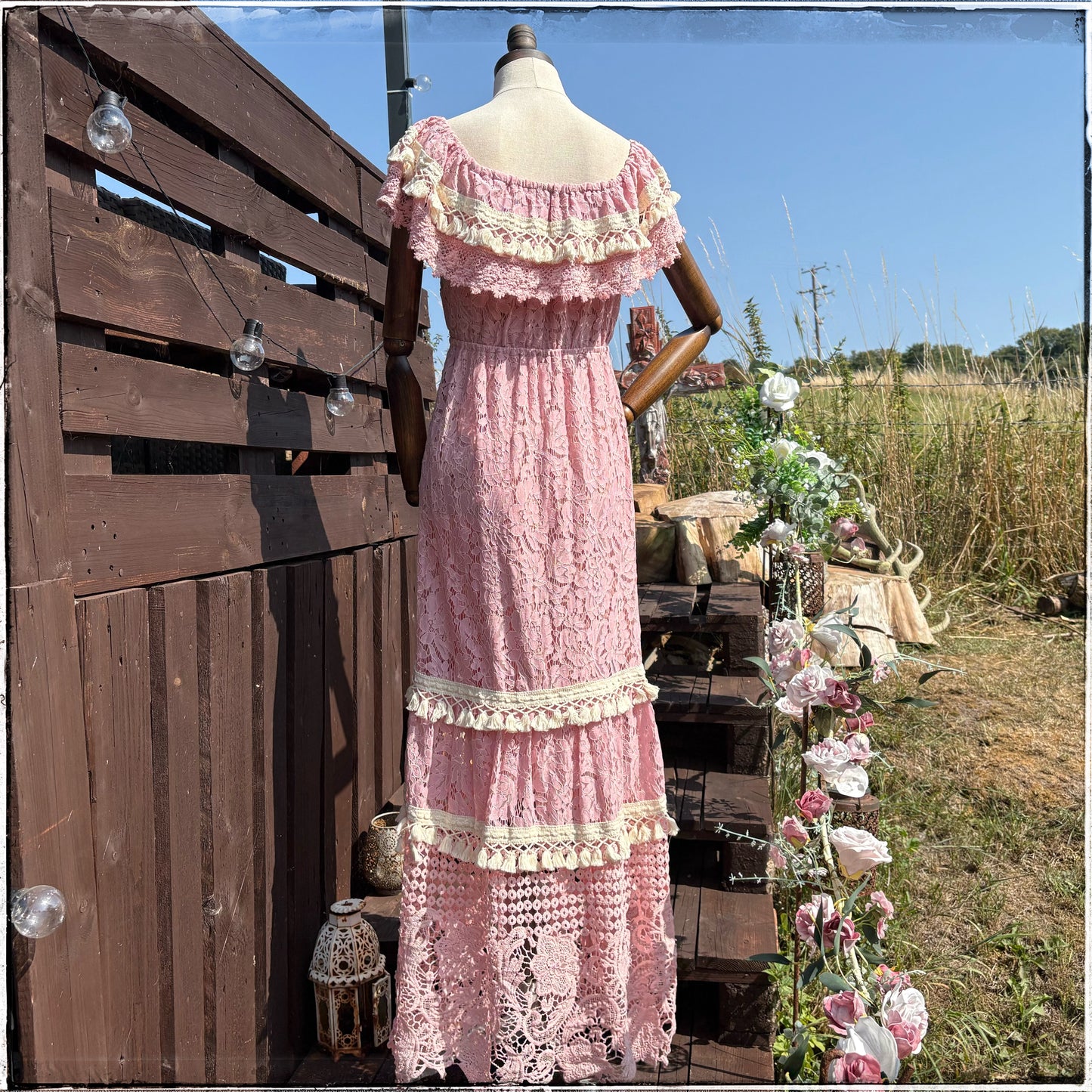 Vintage 70s Pink Ruffle Tassel Maxi Dress