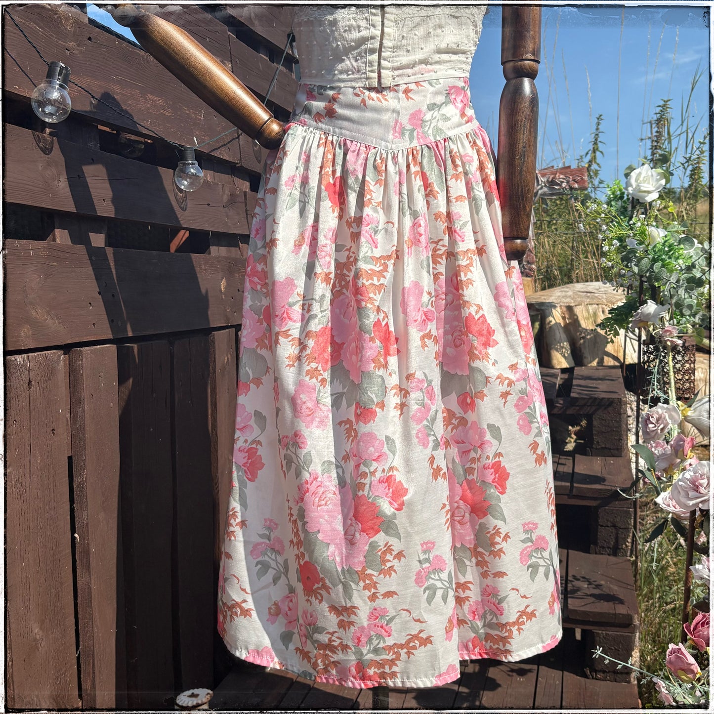Vintage 80s Rose Print Midi Skirt