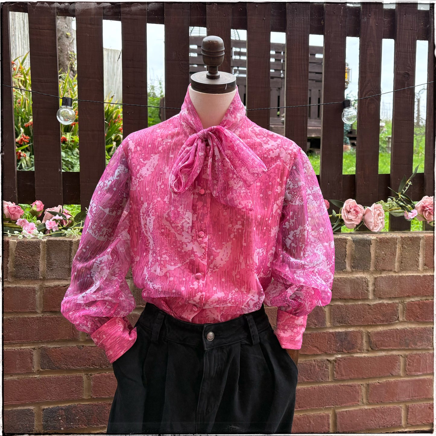 Vintage St Michael Pink Marble Pussy Bow Blouse