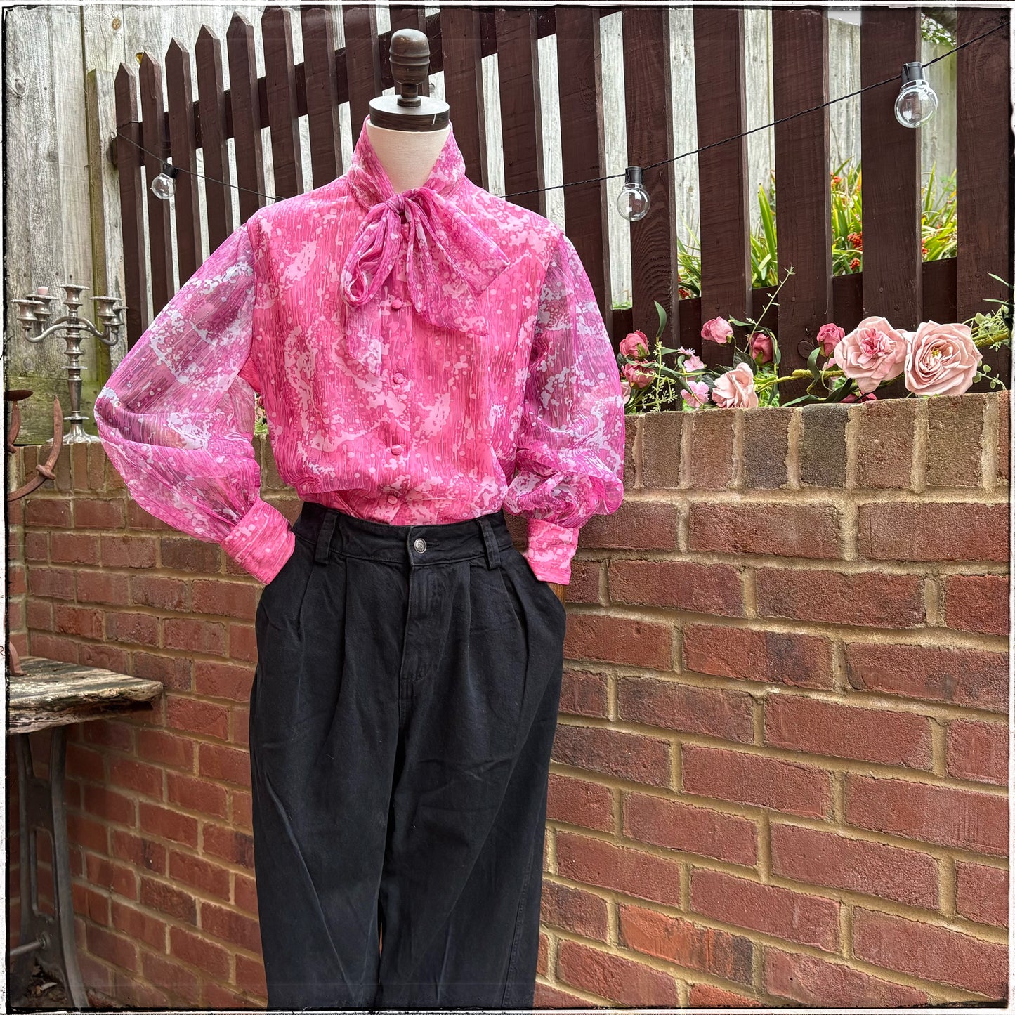 Vintage St Michael Pink Marble Pussy Bow Blouse
