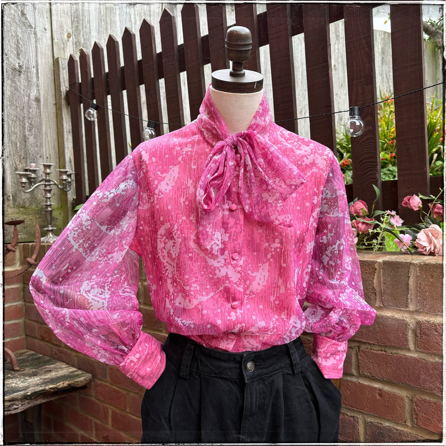 Vintage St Michael Pink Marble Pussy Bow Blouse