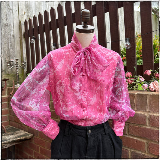 Vintage St Michael Pink Marble Pussy Bow Blouse