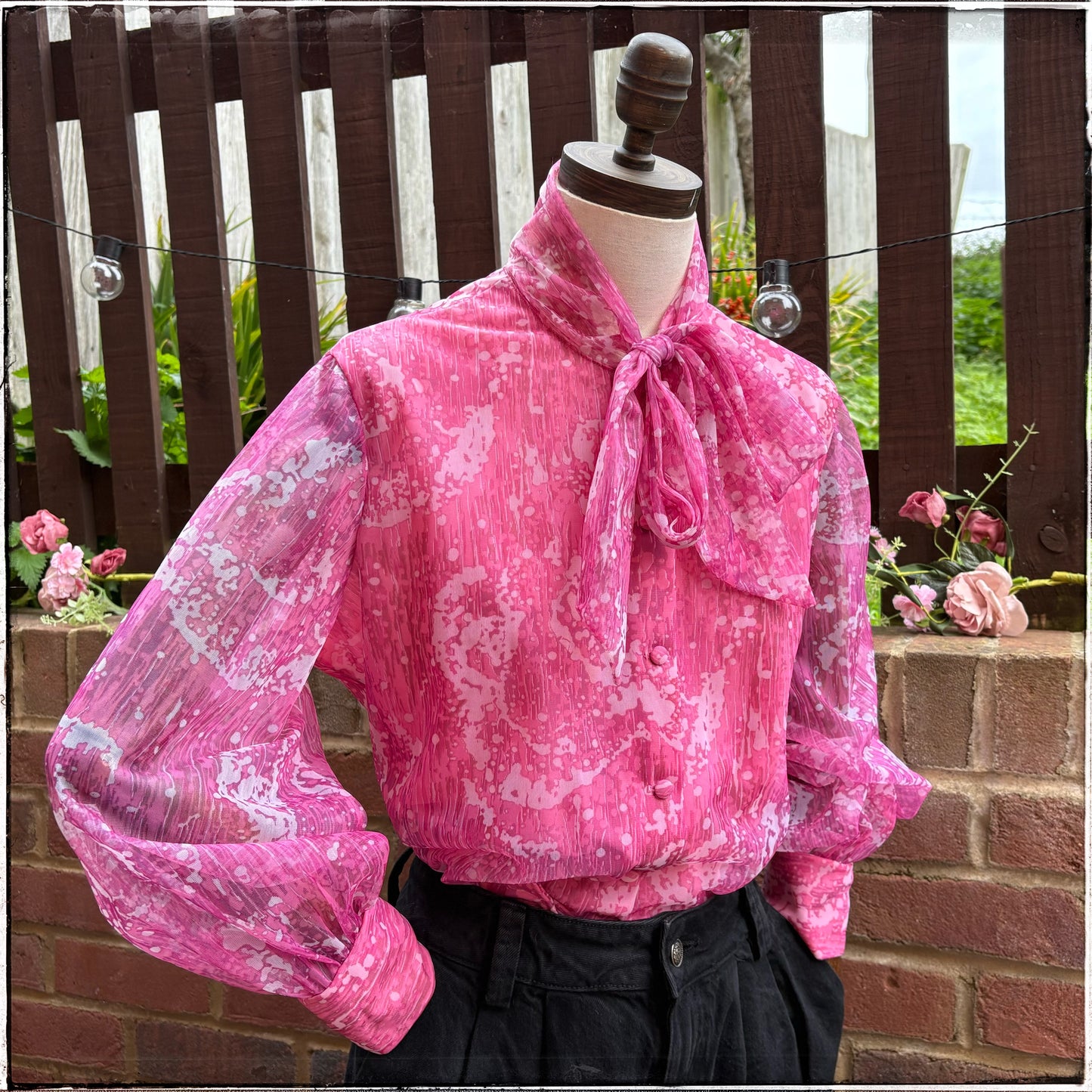 Vintage St Michael Pink Marble Pussy Bow Blouse