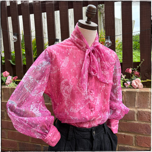 Vintage St Michael Pink Marble Pussy Bow Blouse