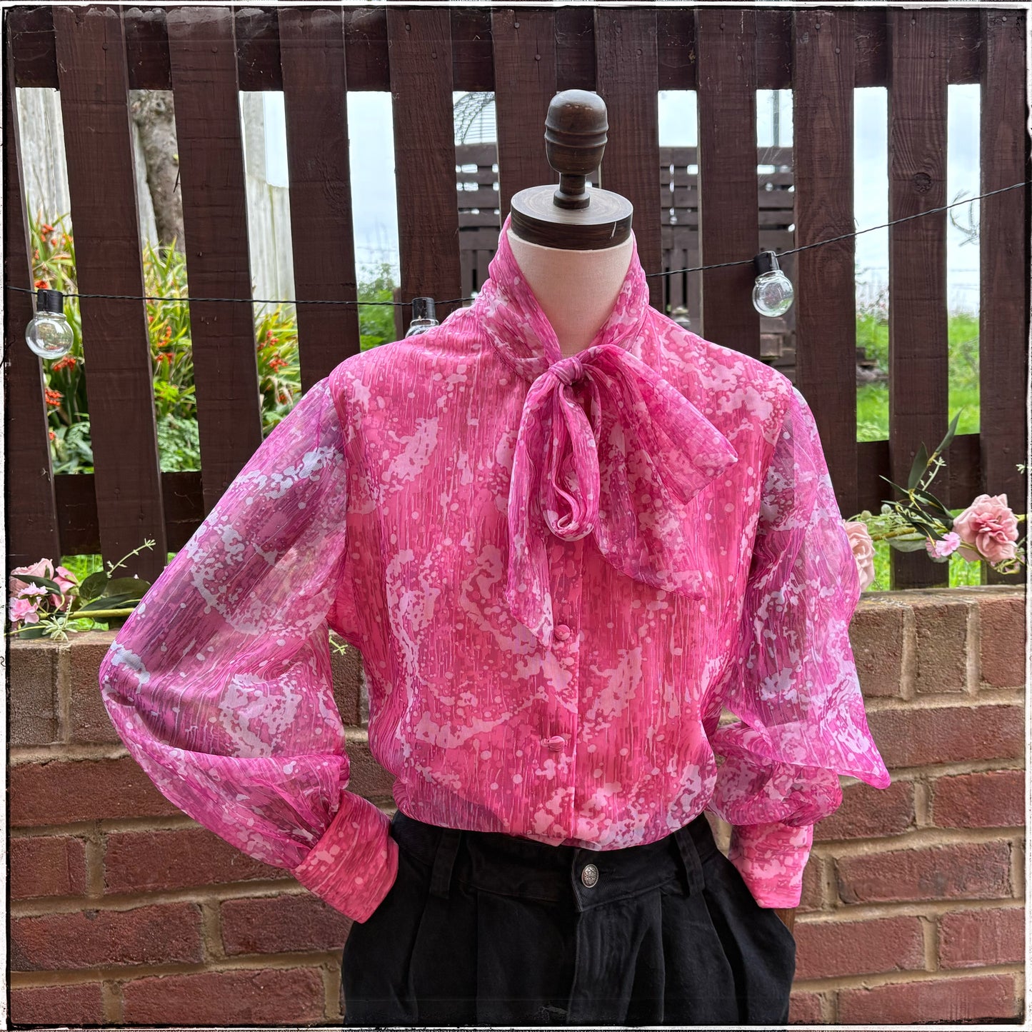 Vintage St Michael Pink Marble Pussy Bow Blouse