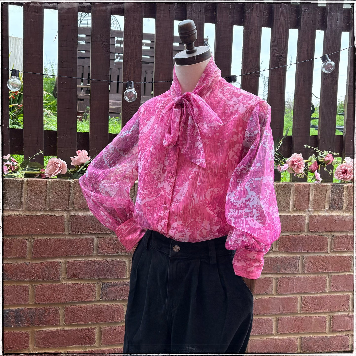 Vintage St Michael Pink Marble Pussy Bow Blouse