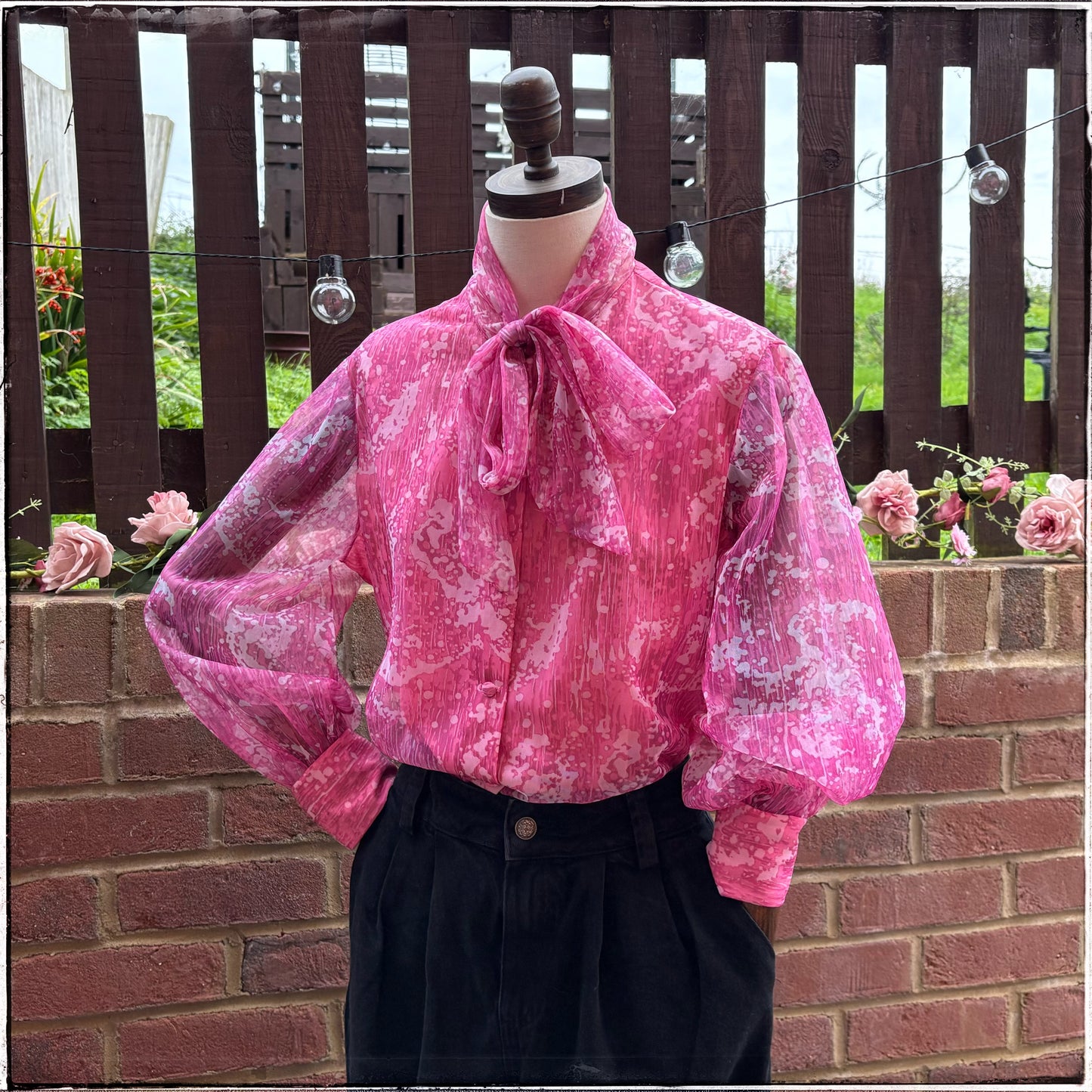 Vintage St Michael Pink Marble Pussy Bow Blouse
