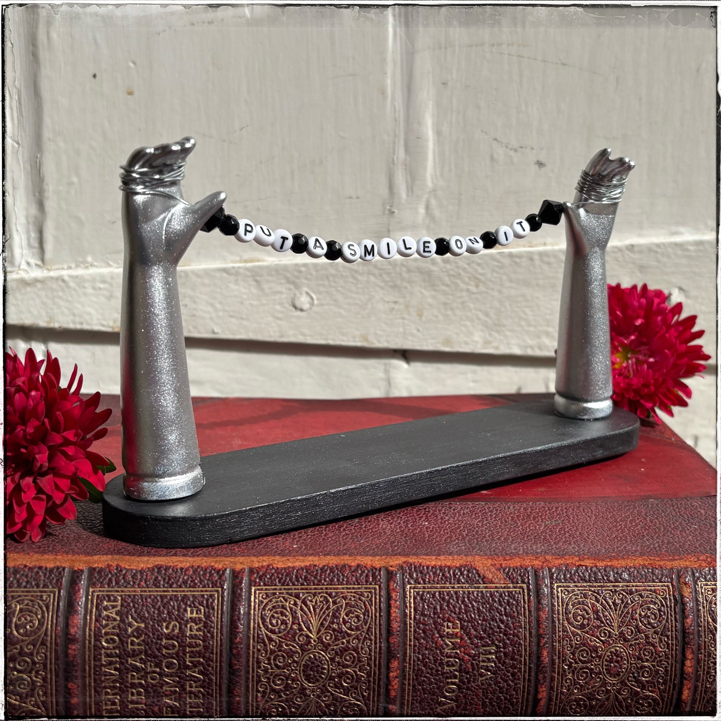 Large Recycled Porcelain Doll Arm Sign Holder - Put A Smile On It