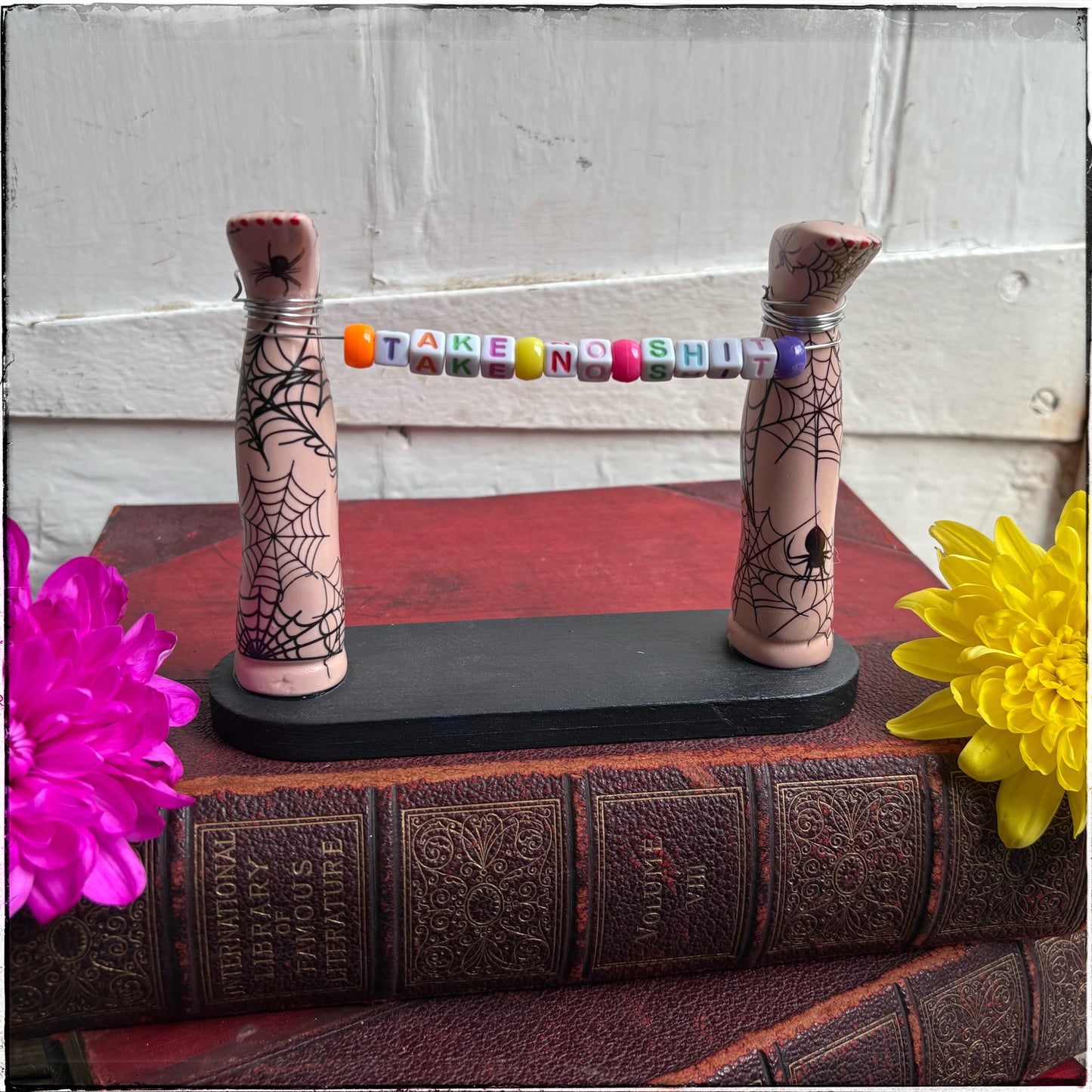 Medium Recycled Porcelain Doll Leg Sign Holder - Take No Sh*t