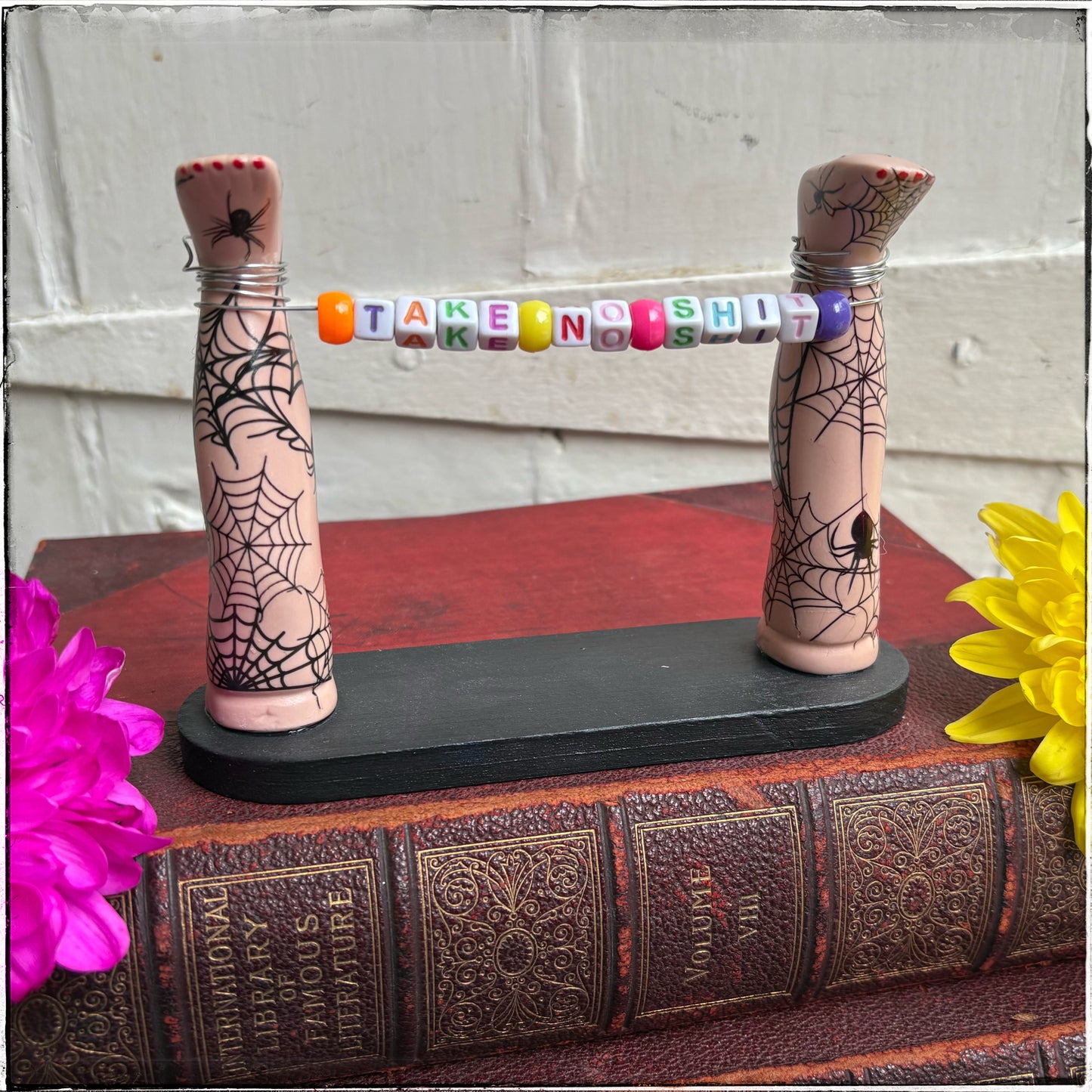 Medium Recycled Porcelain Doll Leg Sign Holder - Take No Sh*t